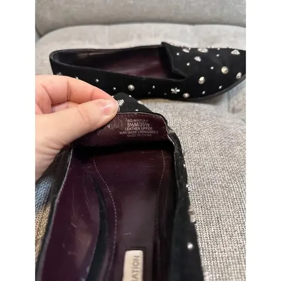 BCBG size 5.5 Nikkola black suede pointed-toe loafers silver-toned stars - Picture 7 of 7